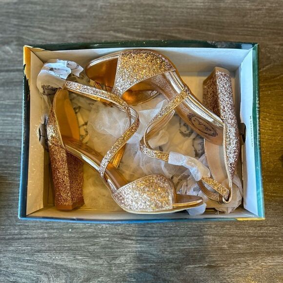 Italina Rose Gold Glitter Strappy Block Sandals - Picture 5 of 9